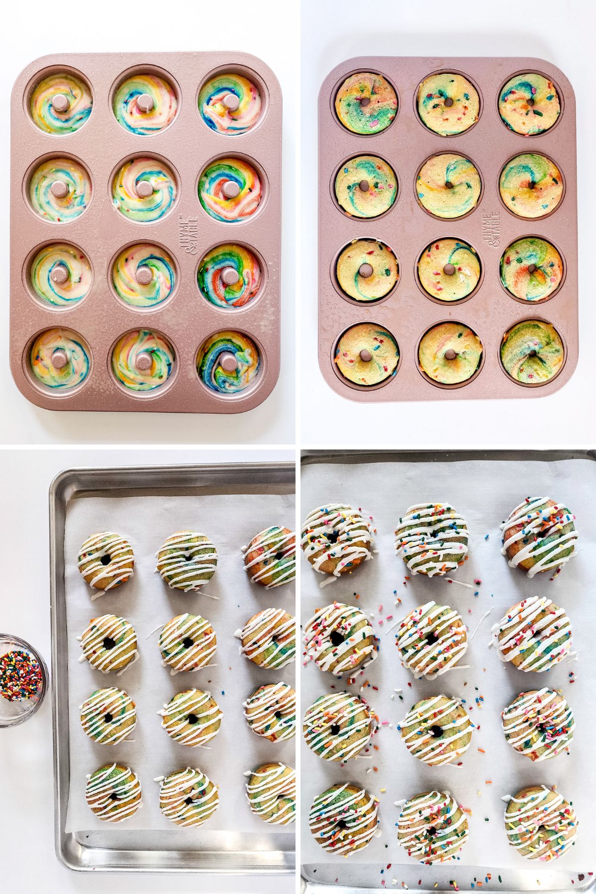 A collage of images showing the last couple steps of how to make funfetti donuts.