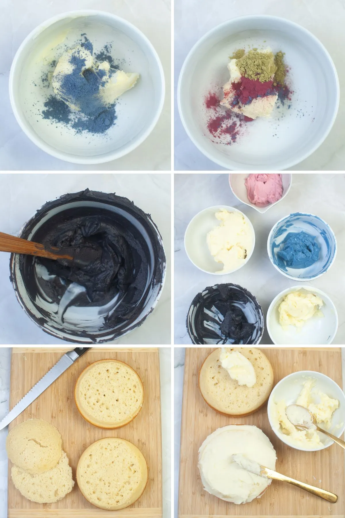 A collage of images showing how to maek and decorate a galaxy cake.