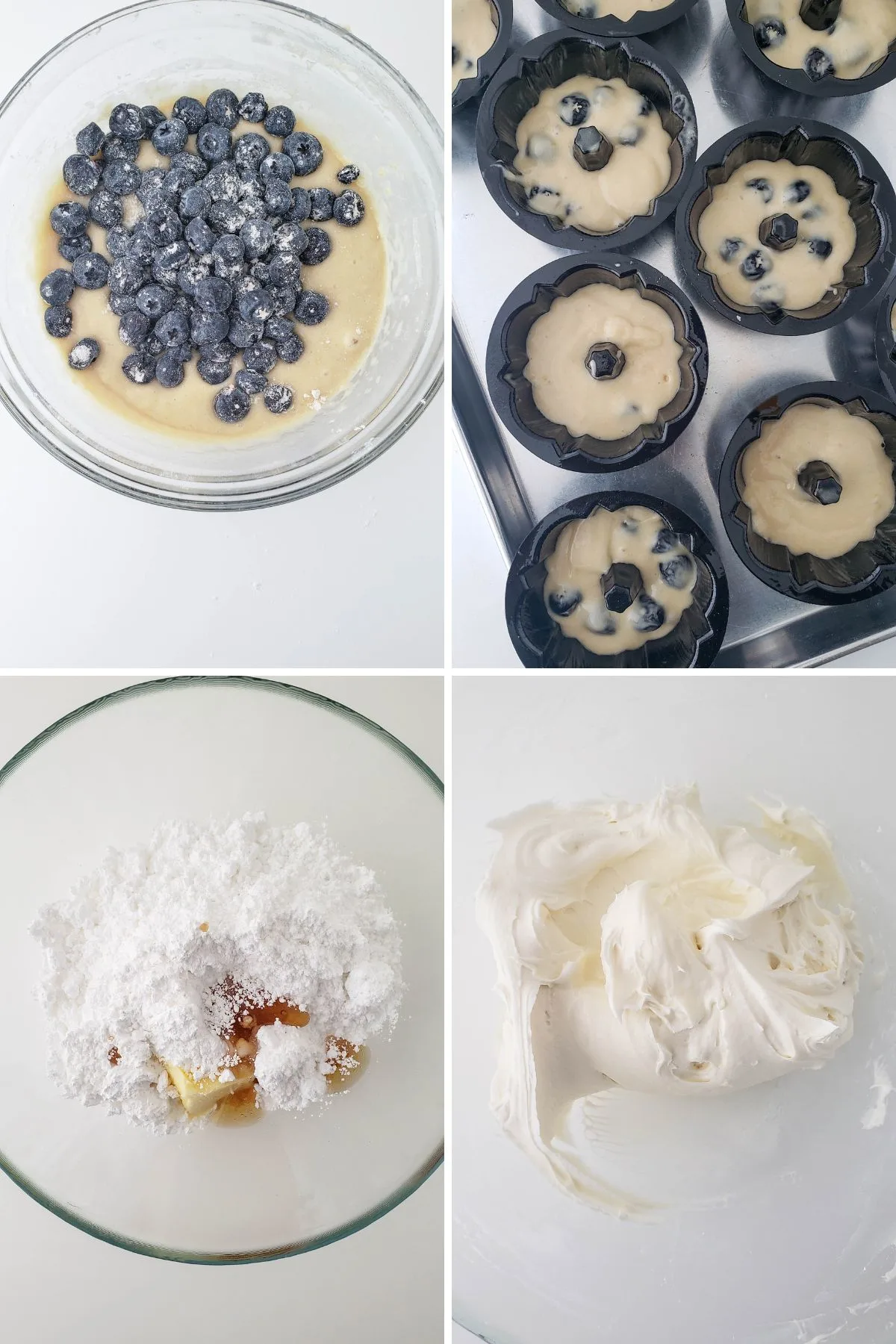 A collage of images showing the last few steps of making mini lemon and blueberry bundt cakes.