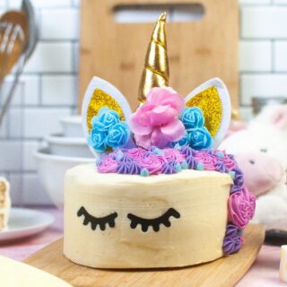 A decorated unicorn cake.