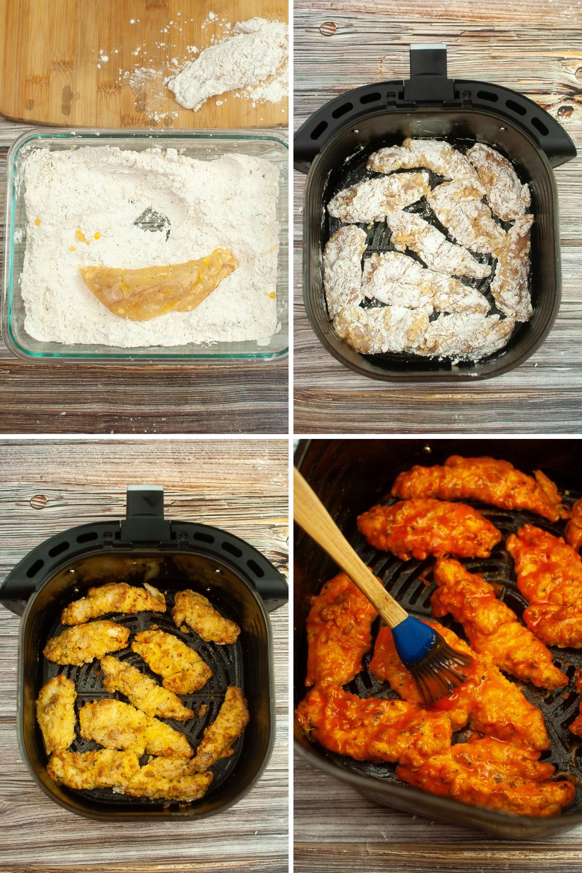 A collage of images showing the last few steps to make Air Fryer Buffalo Chicken Tenders.