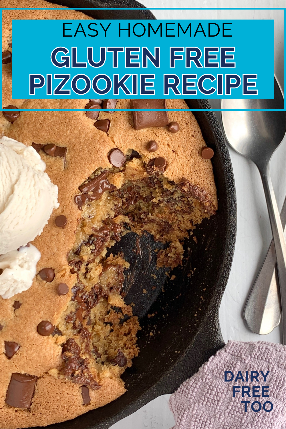 A skillet pizookie with text overlay.