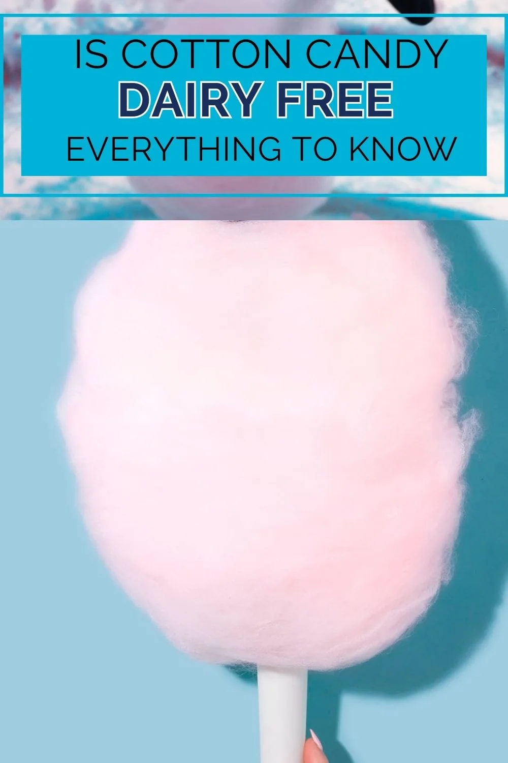 Pink cotton candy on a blue background with text overlay.