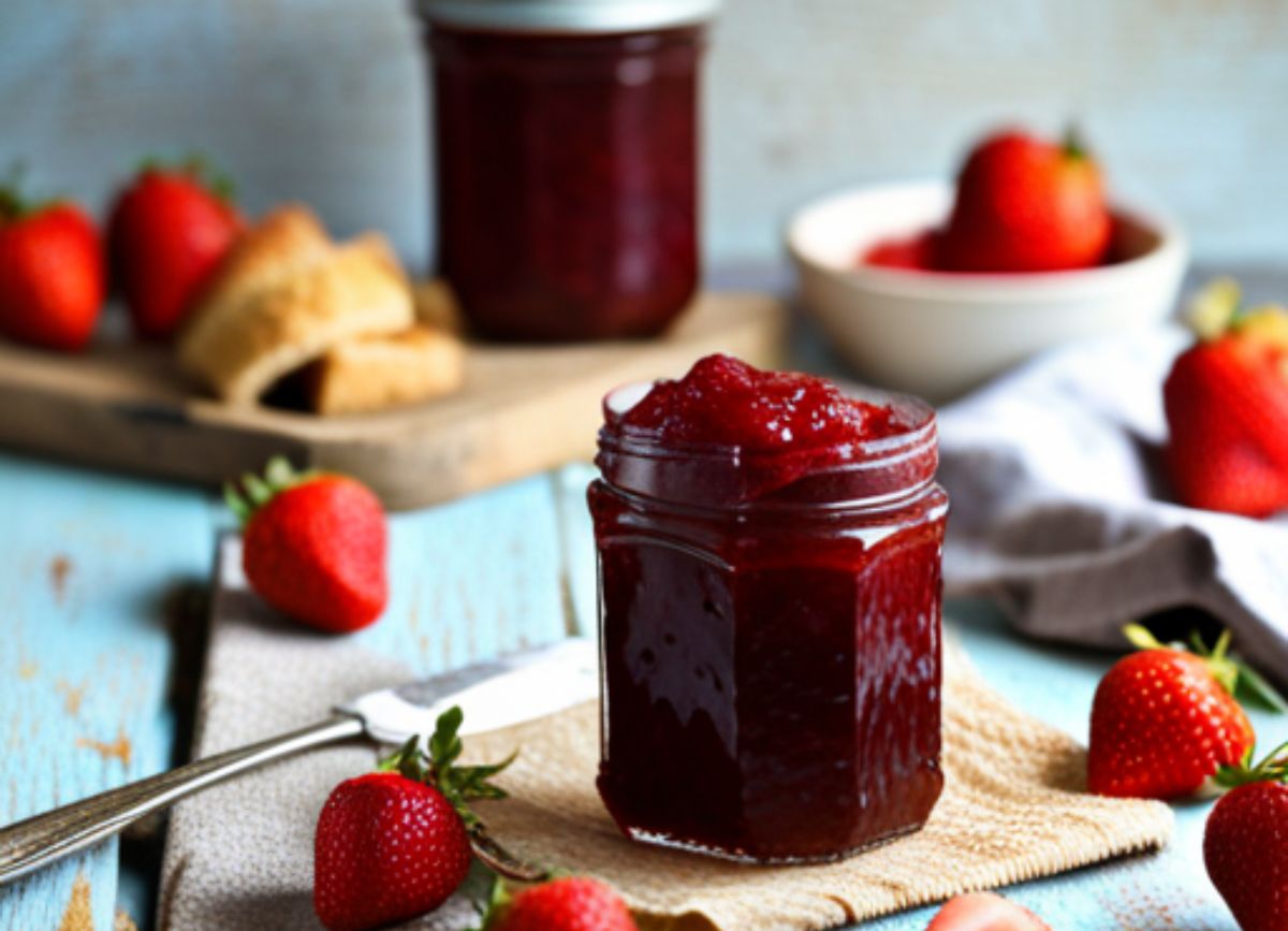 A few jars of strawberry jam with strawberries around.