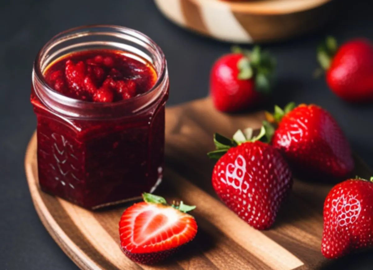 A jar of gluten free strawberry jam on a cutting board.