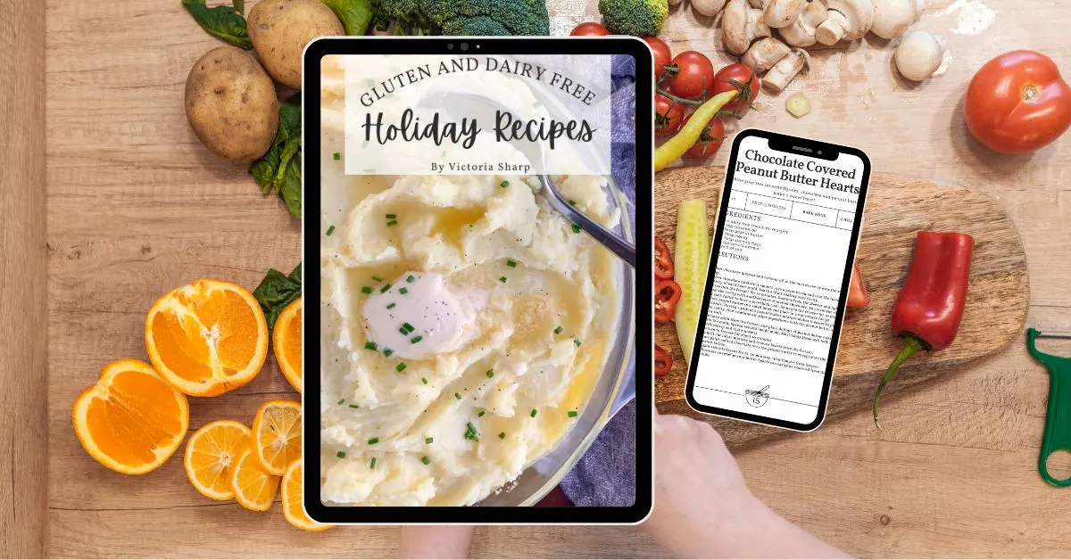 A few pages of our gluten and dairy free holiday cookbook on ipad and iphone mockups.