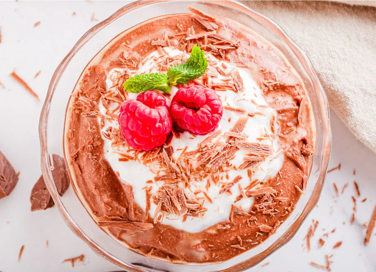 Looking down on a glass bowl of Dairy Free 5 ingredient Chocolate Mousse.