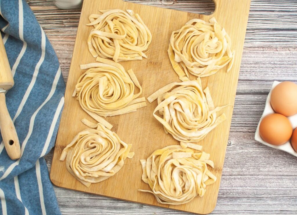 A few nests of gluten free homemade fettuccine noodles.
