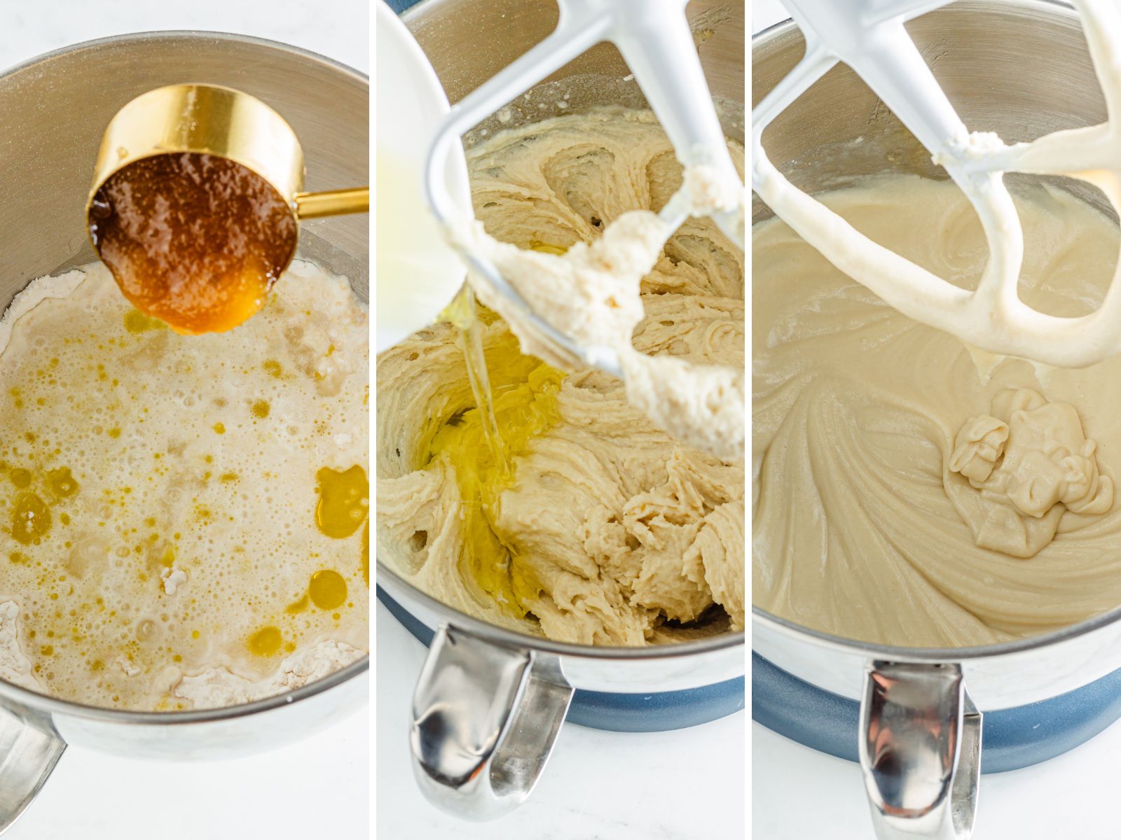 A collage of images showing how to maek gluten free bread dough mixing honey and other wet ingredients with the dry ones. Then egg whites being added and finally the dough in the mixing bowl. 