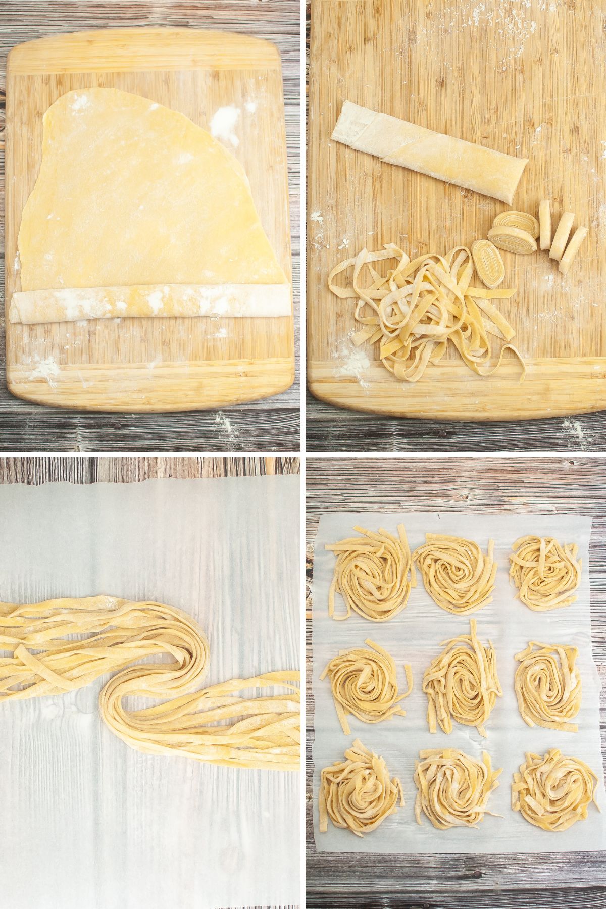 A collage of images showing how to make homemade fettuccine pasta.