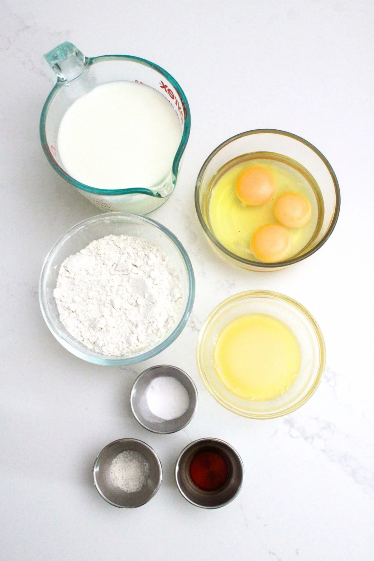 Ingredients needed to make gluten free crepes all laid out.