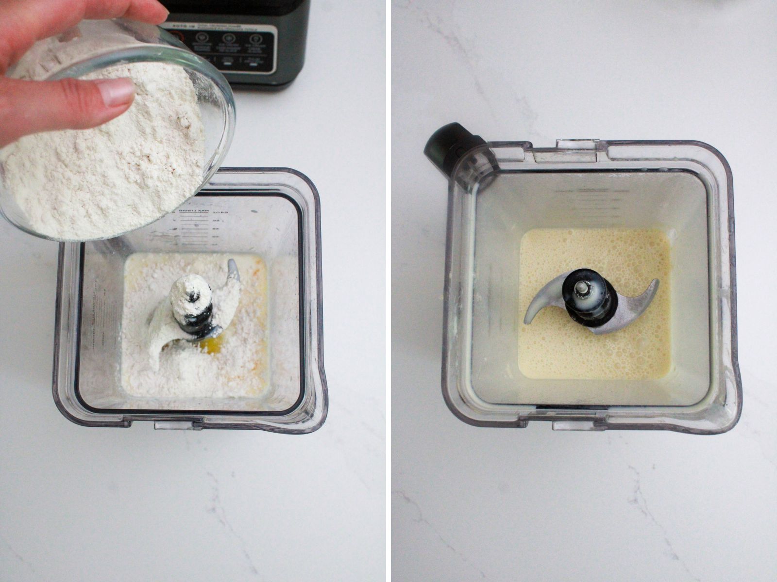 All ingredients needed to make crepes in a blender and then mixed in a batter.