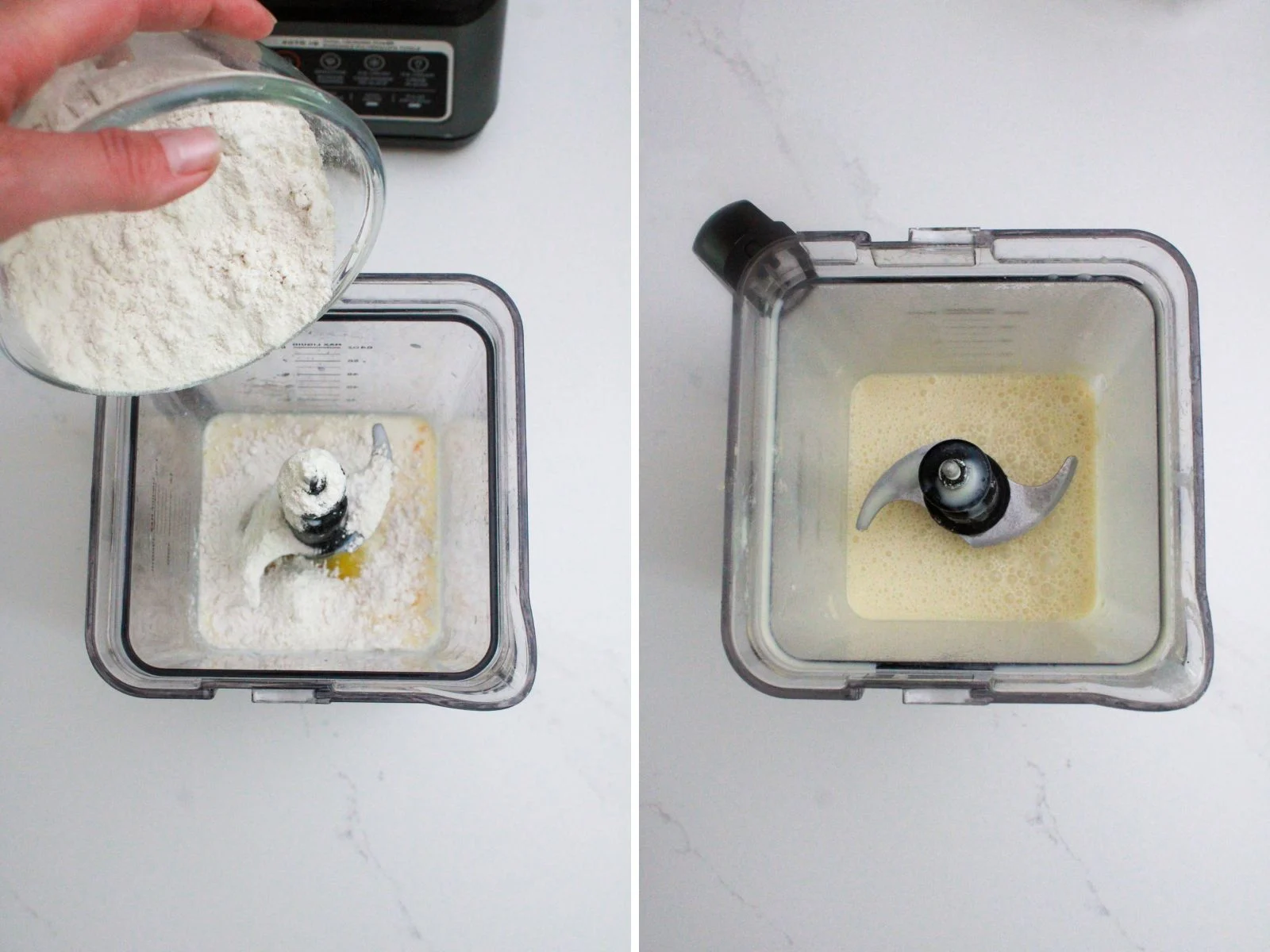 All ingredients needed to make crepes in a blender and then mixed in a batter.