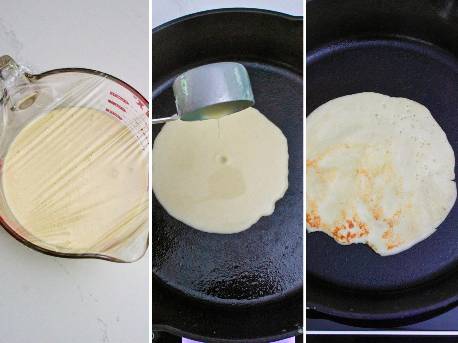 Crepe batter in a mixing bowl, crepe batter being dropped in a cast iron skillet, and a half baked crepe. 