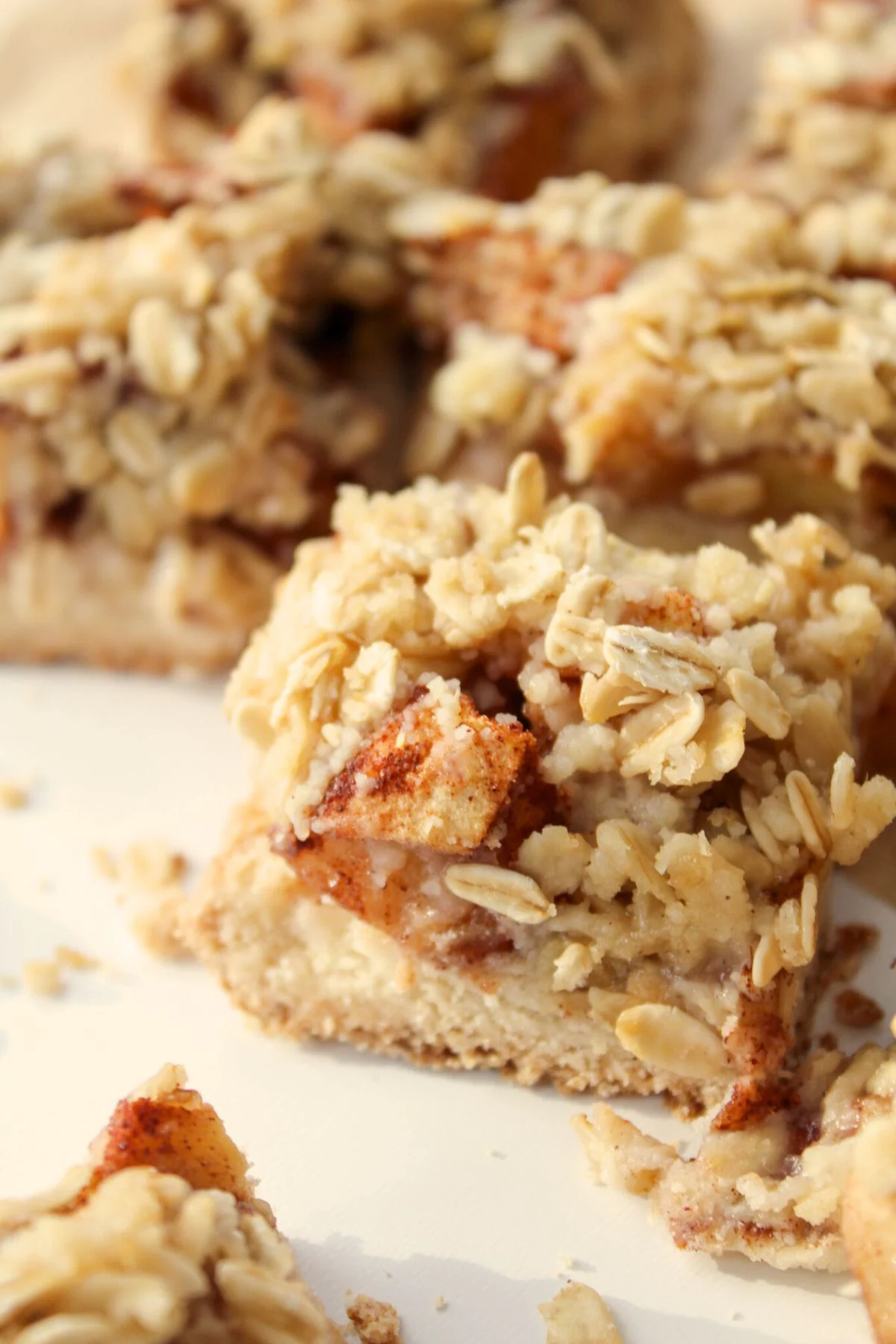 Closely looking at some Gluten Free Apple Crumble Bars.