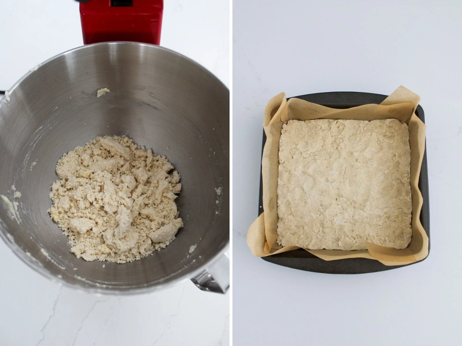 Apple Crumble Shortbread layer in a bowl and in a lined baking dish.