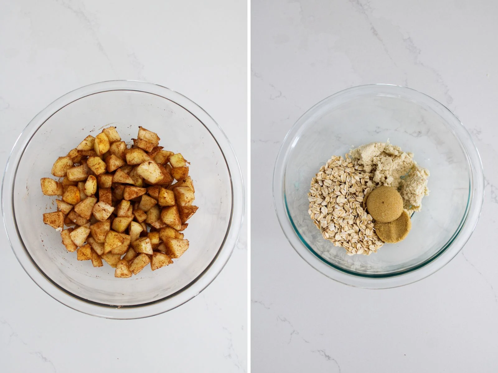 Apple filling in one bowl and crumb bar topping in another.