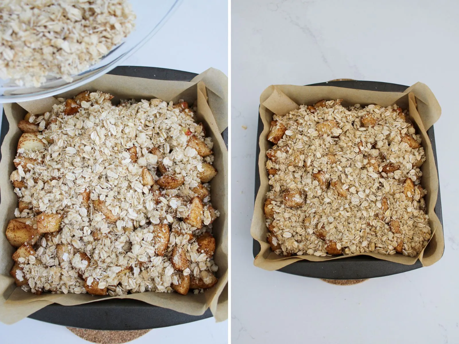 Apple crumb topping being poured over a dessert and a baked Apple Crumble dessert.