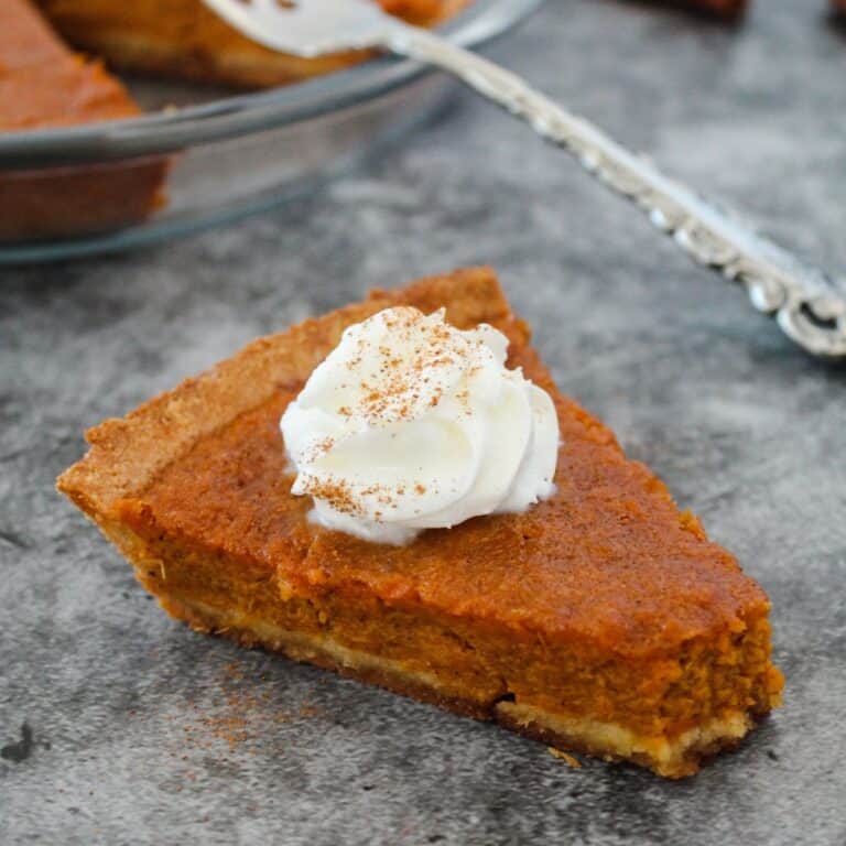 A slice of gluten free dairy free sweet potato pie.