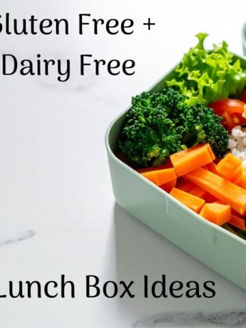 An open lunch box with gluten free and dairy free lunch box ideas.