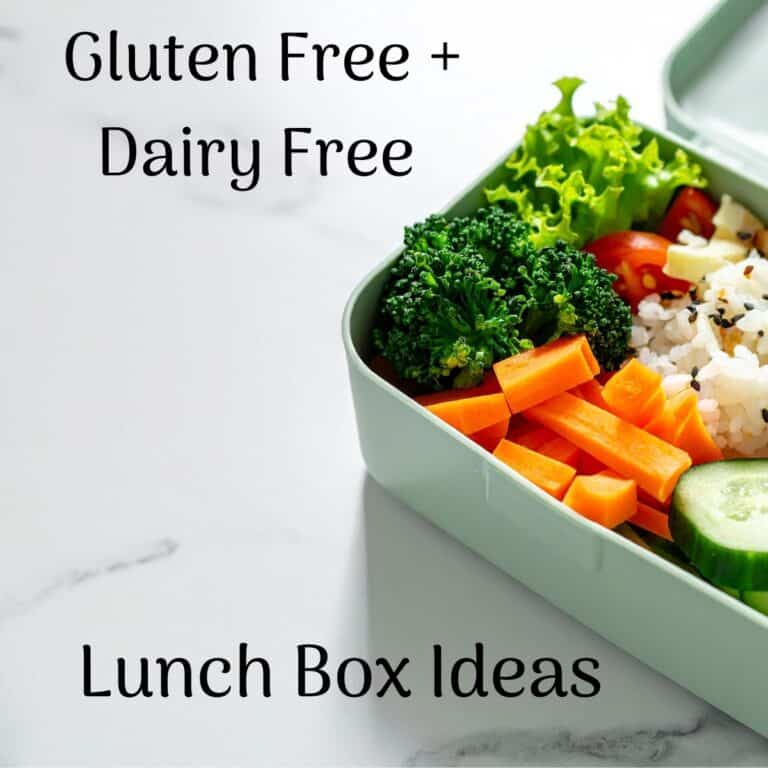 An open lunch box with gluten free and dairy free lunch box ideas.