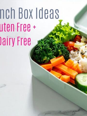 A lunch box with text that reads Lunch Box Ideas Gluten Free and Dairy Free.